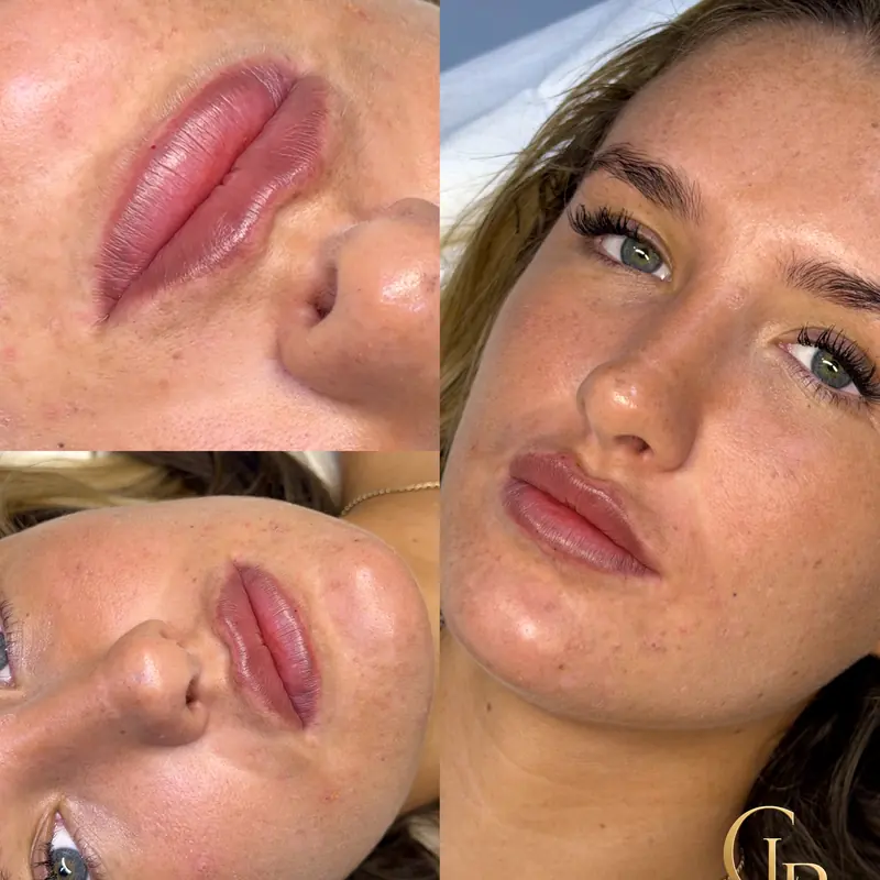 Four angles of a completed lip filler result